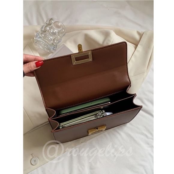 Brown PU Faux Leather Shoulder Bag Yellow Gold Tone Buckle Flap Chain Strap - Picture 4 of 11